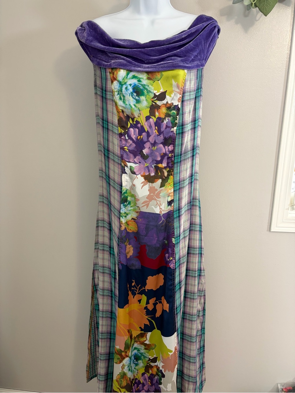 NWOT Aratta Silent Journey-Purple Velvet Maxi Dress with Multicolor Floral&Plaid